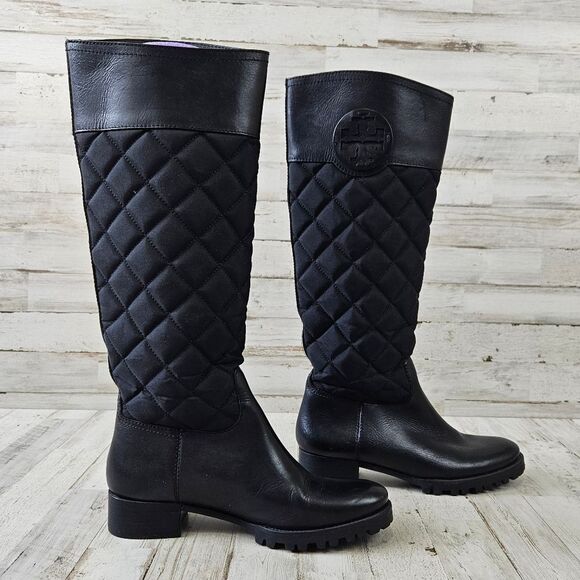 Tory Burch Rowan Solid Black Quilted Logo Tall Riding Boots Sz 5 - Picture 5 of 9
